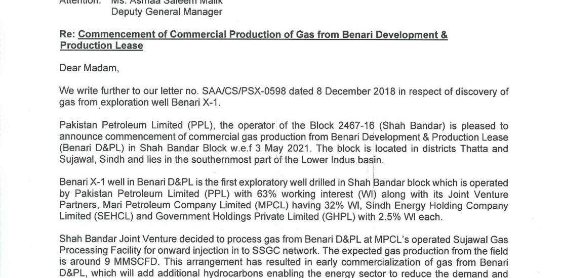 Mari Energies and PPL announce commencement of natural gas from Shah Bandar Block