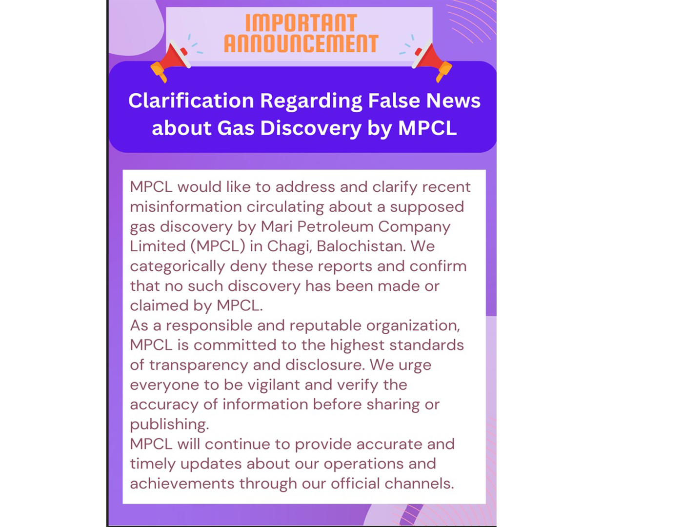 Clarification Regarding False News about Gas Discovery by MEL